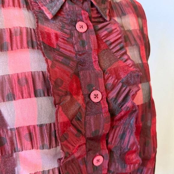 DISMERO TOP SEMI SHEER CRINKLE PLAID CHECKS RUFFLE HOLIDAY DRESSY CHIC L - Picture 7 of 10